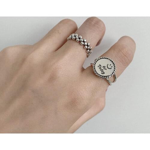 925 Sterling Silver Round Disc Letter Smiling Face Thai Silver Ring Roun Ball Open Ring For Women Jewelry Gift Wholesale S-R791