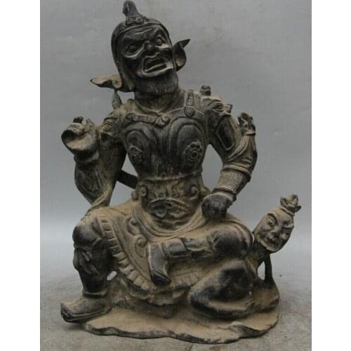 USPS to USA S2171 14" Old Chinese Bronze Seat Devil exorcism Protector Deity warrior knight Statue