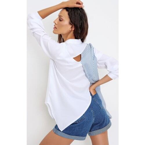 Women In White Color, Back Low-Cut, Asymmetrical Cut Woven Shirt, Do not Sweat, quality planting, fashion Design, Cotton, Casual, Pocket