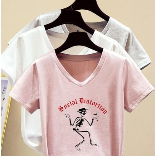 Women Hiphop Simple T Shirt Feminino Skull Feast Funny Print Tee Korean Style Short Sleeve Tops Letter Womens V-Neck T-shirt