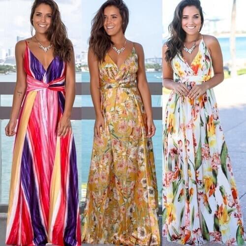 Womens Sling Backless Floral Long Dresses New Summer Boho V-Neck Sleeveless Party Beach Floarl Print Maxi Dress Casual Sundress