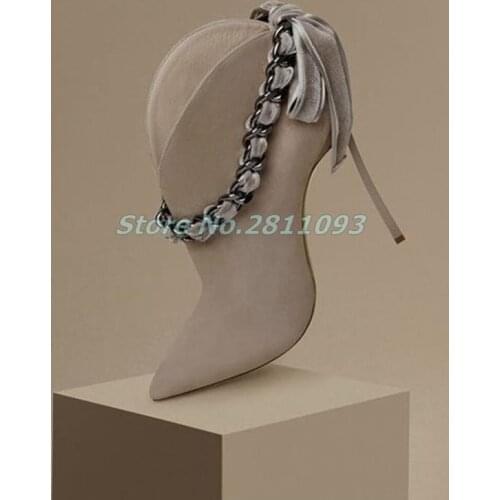 High Quality Grey Suede Booties Metal Chain Slip On Dress Women Ankle Boots Sexy Pointed Toe Stiletto High Heel Dress Shoes