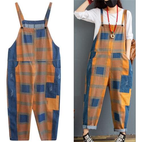 Spring Autumn New Arts Style Big Size Women Jumpsuits Plaid Patchwork Denim Vintage braces Jumpsuit Femme Loose pants