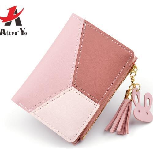 ATTRA-YO Leather Wallet Short Women Wallets Zipper Purse Patchwork Fashion Panelled Wallets Trendy Coin Purse Card CD7037/d