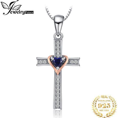 Cross Heart Created Blue Sapphire Pendant Necklace 925 Sterling Silver Gemstones Choker Statement Necklace Women No Chain
