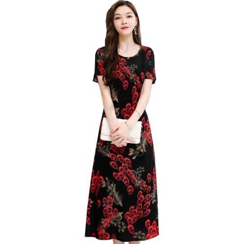 Plus Size 5XL Women Dress 2021 New Summer Womens Dress Printed Cotton Silk Lady Mother Summer Dress Over The Knee Long Dresses