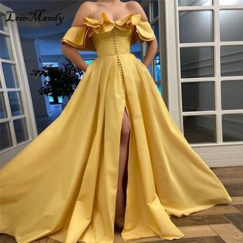 Gold Satin Prom Dresses Long 2021 Off Shoulder High Split Dress Women Party Night Formal Backless Vestidos largos de fiesta