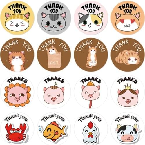 1Inch 500PCS Cute Animal Children Stickers Thank You Stickers Decor Cat Frog Pig Circle Roll Seal Label Chrome Paper Gift Tag