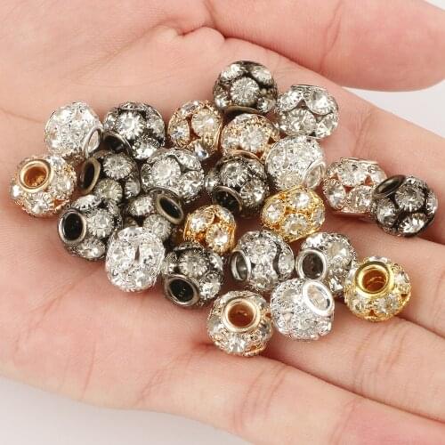 Wholesale 8/10/12mm Metal Gold Plated Crystal Rhinestone Round Ball Loose Beads For Jewelry Making Diy Bracelet Necklace 10pcs