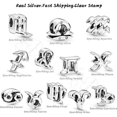 12 Constellation 925 Sterling Silver Beads Zodiac Sign Charms Fits Original Bracelets Bangles Birthday Gifts