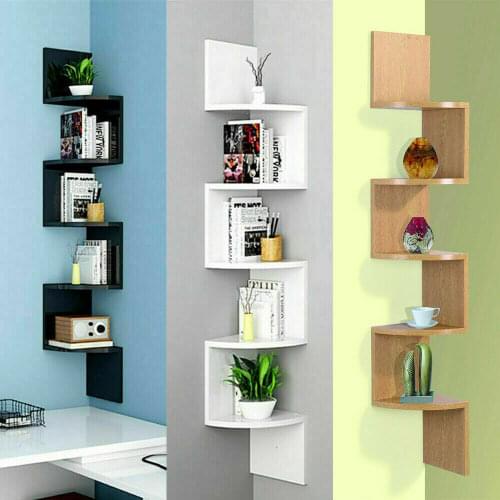19.5x19.5x122cm 5-layer Corner Bookshelf Wall-mounted Easy Install Wood Hanging Bookcase Shelves For Home Office Study Bedroom