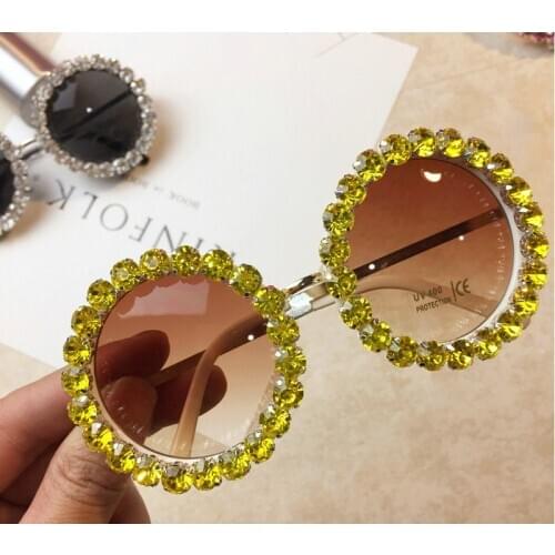 MINCL 2019 Big Mens Sunglasses Round Shape Diamond Sun Glasses UV400 Oversized Yellow Lens Female Beach Eyeglass with Box NX