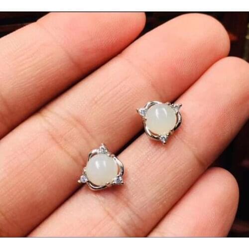 925 Silver Hetian Jade Inaly Zircon White Stud Earrings Fine Jewelry Fashion , Designed for Women Gift