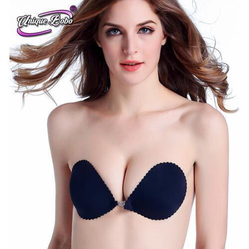 Black and Beige Women Silicone Bust Front Closure Strapless Invisible Push UP Bra