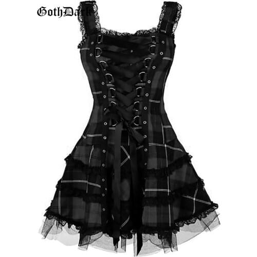 Goth Dark Plaid Bandage Gothic Women A-line Dresses Grunge Aesthetic Lace Trim Patchwork Mini Dress Punk Bodycon Sexy Partywear