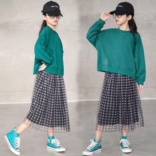 Teens Girl Dress Sets Autumn Kids Clothing Green Sweatshirt Plaid Skirt Two-piece Suit Clothes Girl Casual Outfits 4 6 8 10 12 Y