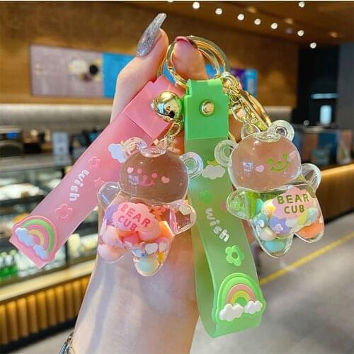 New Cute Liquid Oil Chubby Bear Quicksand Acrylic Keychain Floating Colorful Balloons Keyring Girl Bag Pendant Gifts Key Chain