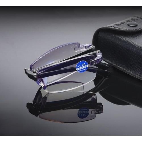 Smart zoom glasses folding diamond cut edge anti-blue reading glasses male frameless TR90 reading glasses portable box