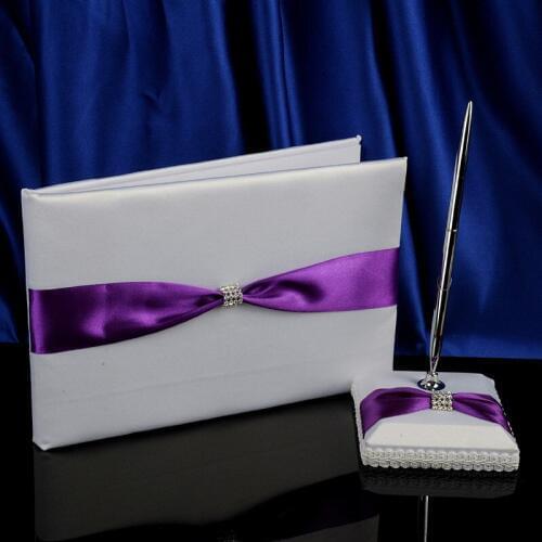 Wholesale color purple and white Lilac Ribbons Wedding Guestbook and Pen Set for wedding supplies
