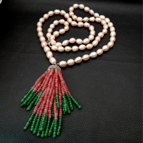 Freshwater Pink Rice Pearl Necklace Jade Zircon pave Pendant