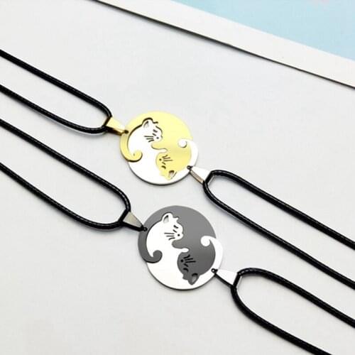 1 Pair Splice Cat Couple Necklace Stainless Steel Love Heart Round Yin Yang Pendant Necklace Fashion Jewelry Unisex Gift