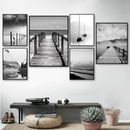 Landscape Canvas Painting Bridge Lake Boat Forest Fog Wall Art Black And White Posters And Prints Nordic Picture Room Decoration