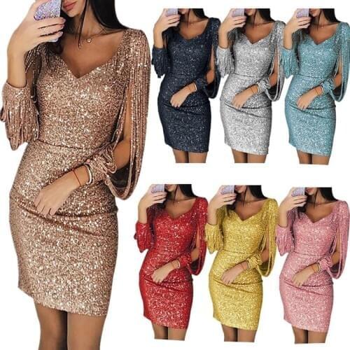 Tassel Shiny Party Dress With Sequins Sexy Vintage Women Pencil Dress Deep V Neck Sukienka Long Sleeve Split Dress 3xl Club Wear
