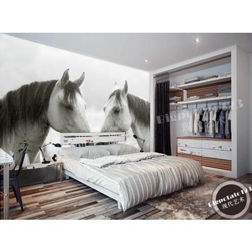 Custom 3D wallpaper, two black and white horse photography, living room sofa TV bedroom wall paper