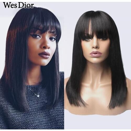 Straight Short Bob Wig With Bangs Glueless Human Hair Wigs For Black Women Brazilian Full Machine Wigs Can Be Permed & Dyed Remy
