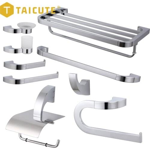 TAICUTE W Bathroom Accessories Set Towel Rack Shelf Bar Ring Wall Mount Toilet Paper Holder Wall Hook Shower Hardware Chrome