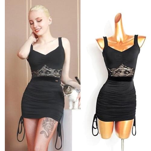 Latin Dance Practice Wear Camisole Dress Lace Stitching Sexy Backless Tango Dancewear Samba Rumba Performance Costume VDB3695
