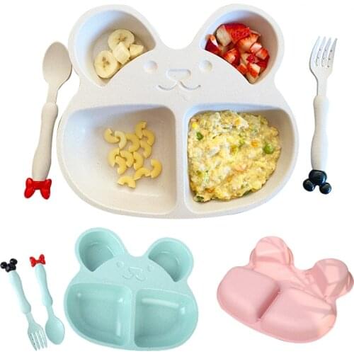 Wheat Straw Plates Baby Training Bowl Plate+spoon+fork Cute Bear Food Tableware Set Kids Dishes OPP Packaging for Baby Feeding