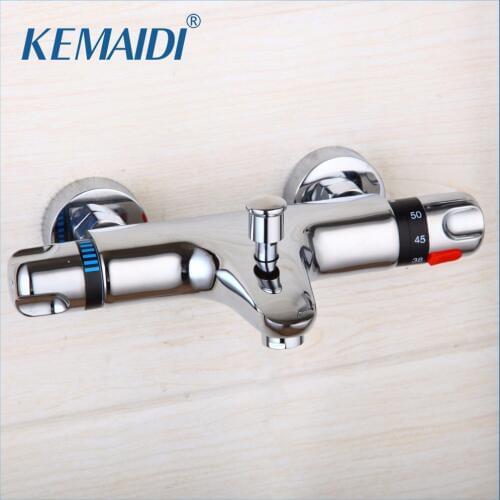 KEMAIDI Thermostatic Shower Faucet Wall Mounted Double Handle Faucet Spout Filler Diverter Chrome Bathtub Valve Faucet Mixer Tap