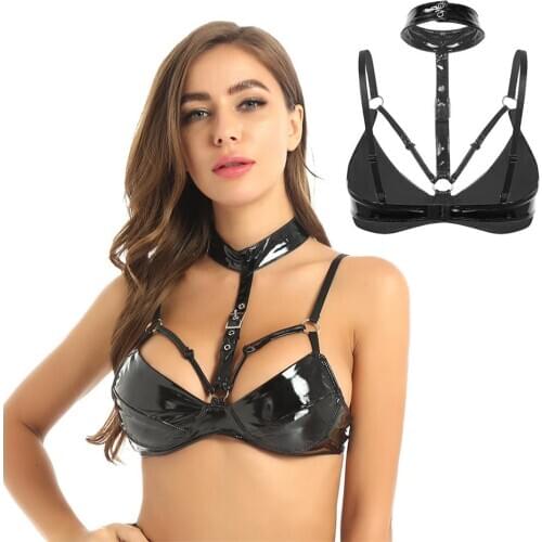 Womens Ladies wedding Parties Wetlook Latex Leather Vest Top for Pole Dance Clubwear Spaghetti Straps Buckled Wire-free Bra Tops