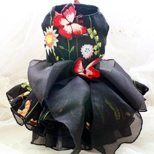 Free Shipping Handmade Princess Dog Clothes Black Embroidery Flower Butterfly Tutu Pet Dress Yorkie Maltese Poodle