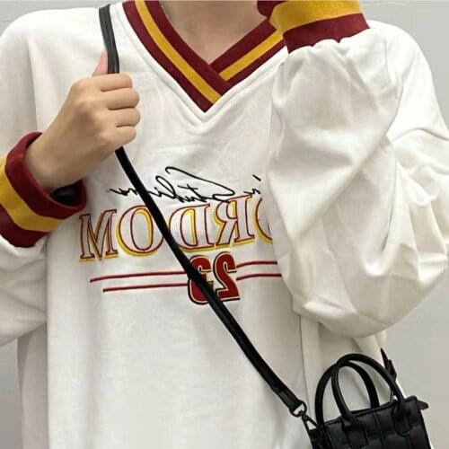 Hip Hop Vintage Black Letter Embroidery V Neck Oversized Sweatshirt Men Women Streetwear Casual Fall Plus Size Hoodies for Teens