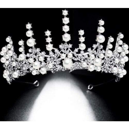 Vintage Silver Color Pearl Queen Luxury Tiara Rhinestone Crowns For Bridal Wedding Hair Accessories Headdress Hair Jewelry