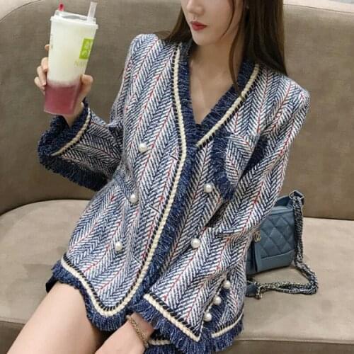 SHTONGHUA New Blue White Striped Tweed Jacket Winter Women Long Sleeve V Neck Elegant Overcoat Bead Pearls Tassels Cardigan Coat