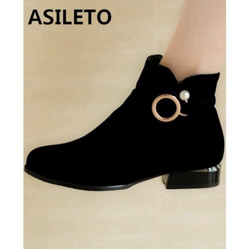 ASILETO Womens ankle boots Flats Female mujer Zipper Flock Solid Metal decoration Simple and Generous Black Boats 2022 S2406