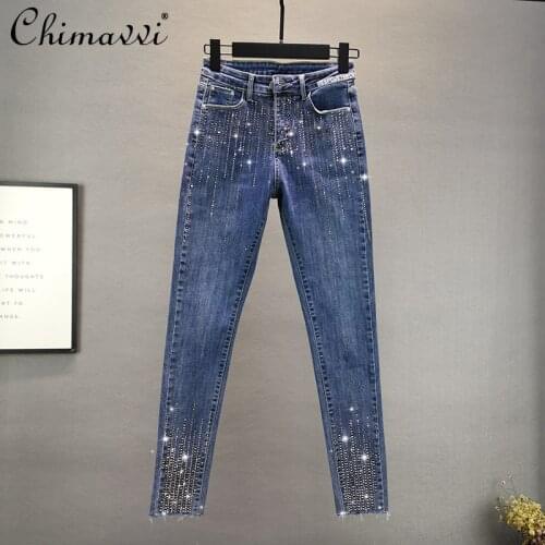 Jeans Pants Women 2021 Spring New Stretchy High Waist Slimming Trousers Fashion Classic Vertical Bar Hot Drilling Skinny Pants