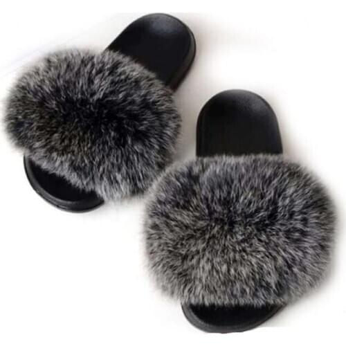 2020 Women Furry Slippers Ladies Shoes Cute Plush Fox Hair Fluffy Sandals Womens Fur Slippers Winter Warm Slippers