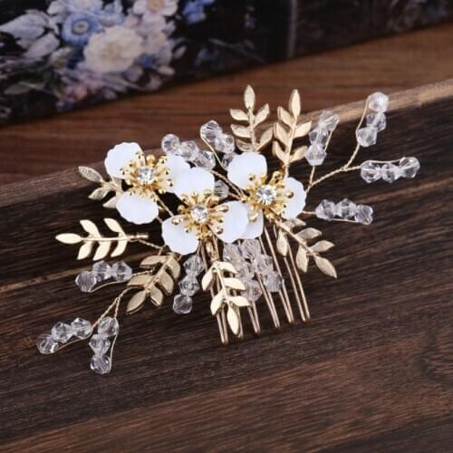 Women Gold Pearl Rhinestone Hair Combs Leaf White Flower Handmade Bride Headdress Wedding Bridal Head Piece Hair Ornaments