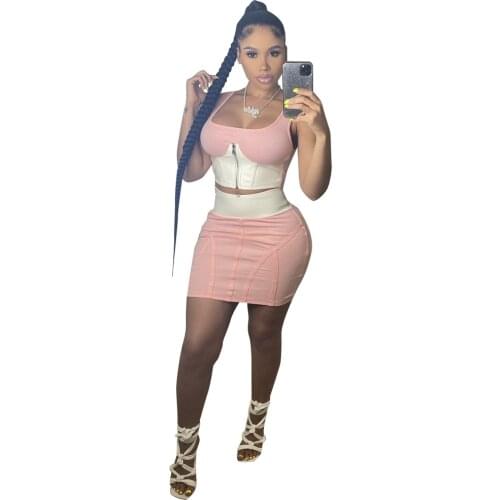 Women 2 Piece Set Bodycon Dress Sexy Color Block Patchwork Zipper Crop Top + Mini Skirts Bodycon Club Party Two Piece Set Outfit