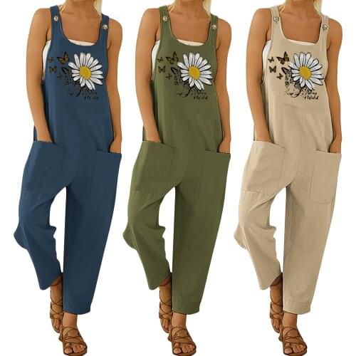 Women Loose Overalls Butterfly and Floral Printed Pattern U-shaped Collar Sleeveless Jumpsuits Female Summer Casual Rompers