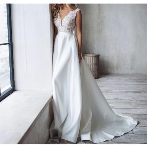 Sweep Train Deep V-Neck Sleeveless Bridal Gown A-Line Wedding Dress Applique Backless Satin vestidos de mairee Wedding Dress