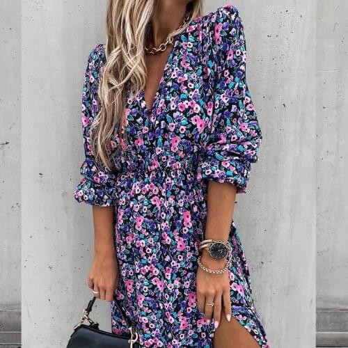 Spring Long Floral Print Dress For Women V Neck Split Dress Casual Long Sleeve Boho Elegant Maxi Dresses Retro Beach Robe Longue