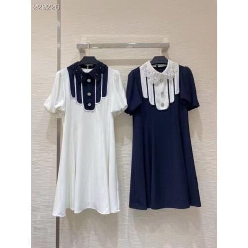 Fashion Runway Autumn Short Sleeve Mini Dress Womens Lace Collar Beading Diamonds Elegant Party Ladies Hot Sale Dress