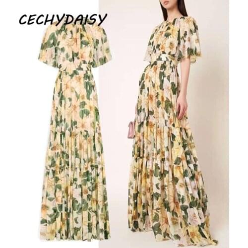 Maxi Dresses For Women 2021 Summer Fashion High Street Flower Printed Short Sleeve Elegant Vintage Boho Beach Bohemia Dress Robe