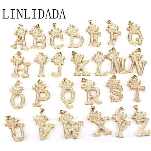 10Pcs, New Fashion CZ Micro Pave Gold Color Crystal Crown Letter Initial Pendants for Necklace Jewelry Findings Supplies