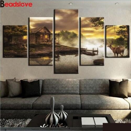 5D DIY Diamond painting Scenery House Lake Deer Diamond embroidery 5 pcs Cross stitch Full Square Round mosaic crystal Painting